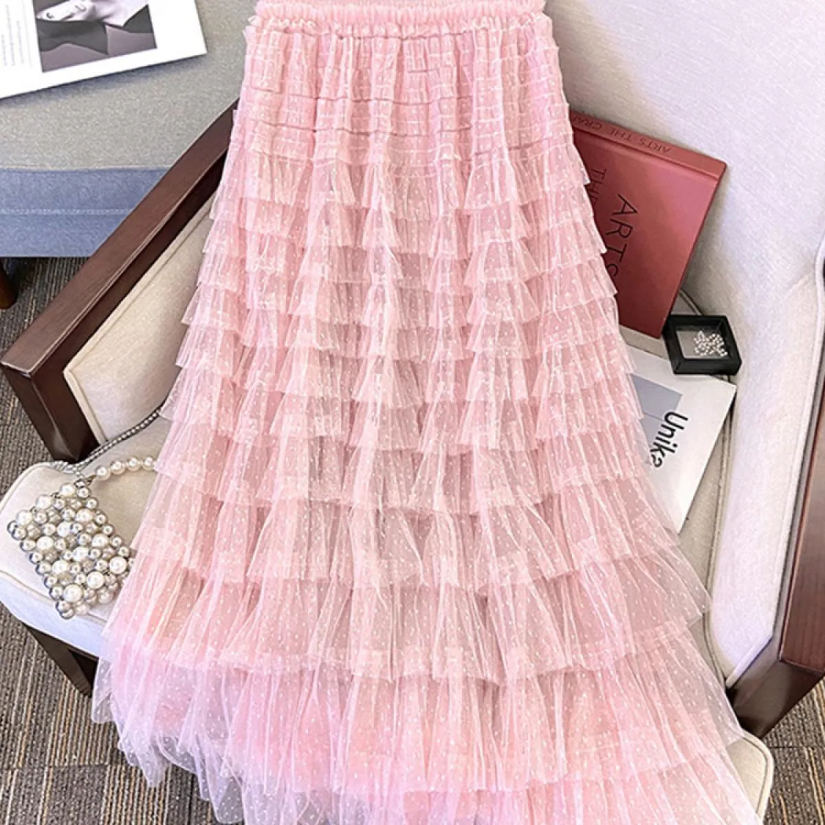 Gonne lunghe da donna in tulle di pizzo dolce da donna Moda elastico in vita a strati con volant in maglia gonna a strati nera 2