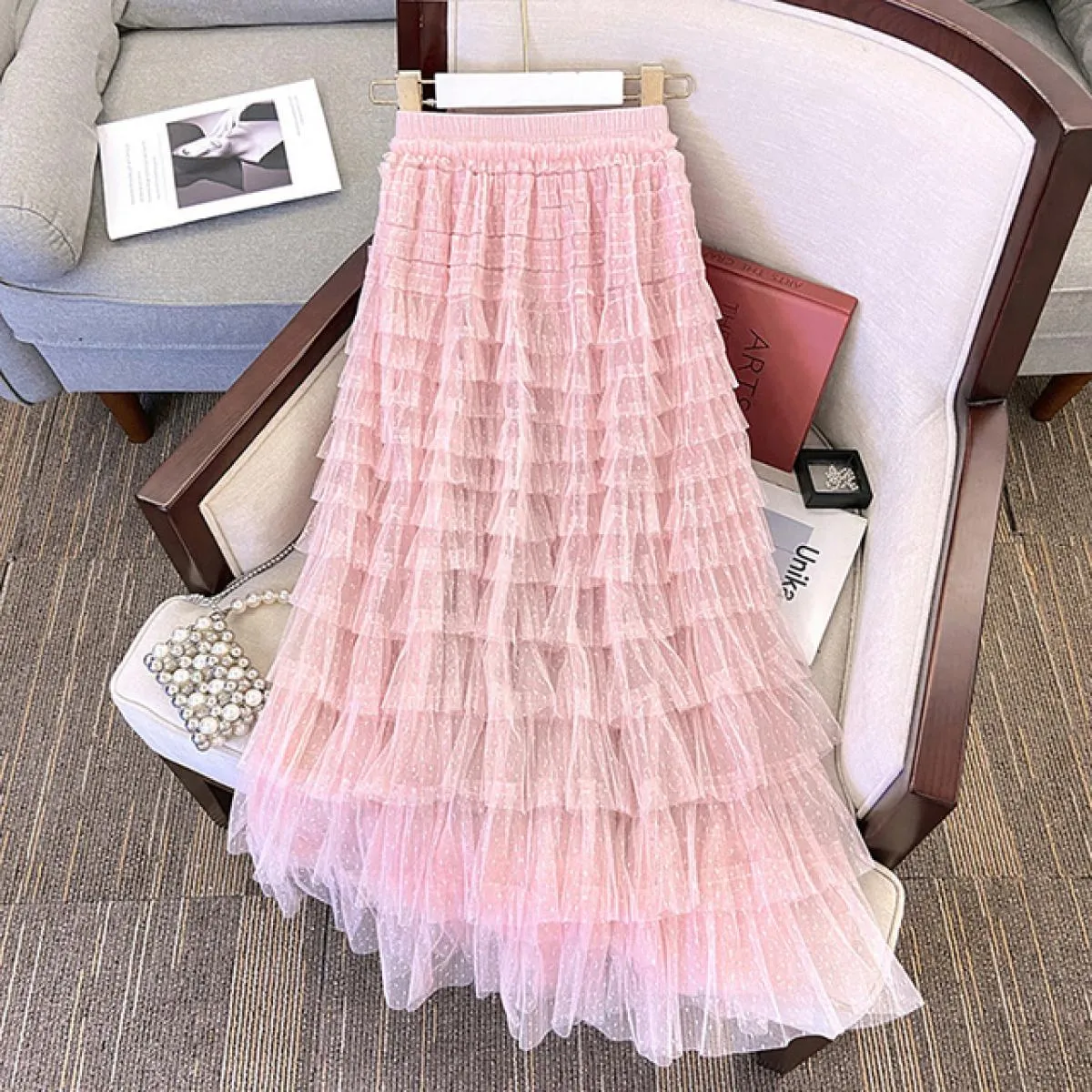 Gonne lunghe da donna in tulle di pizzo dolce da donna Moda elastico in vita a strati con volant in maglia gonna a strati nera 2