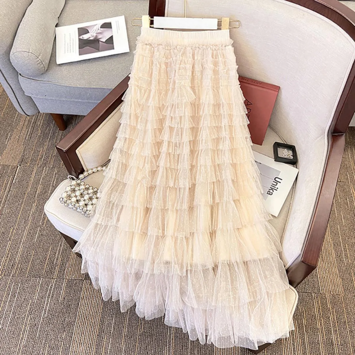 Gonne lunghe da donna in tulle di pizzo dolce da donna Moda elastico in vita a strati con volant in maglia gonna a strati nera 2