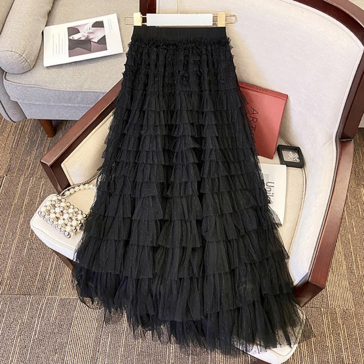 Gonne lunghe da donna in tulle di pizzo dolce da donna Moda elastico in vita a strati con volant in maglia gonna a strati nera 2