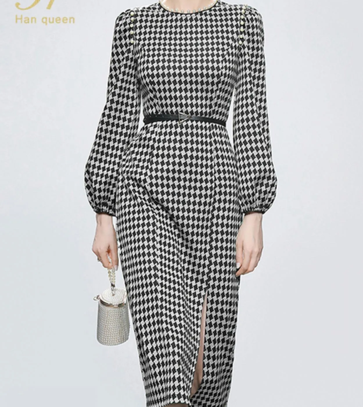 H Han Queen Elegante Moda Donna Abiti O Collo Perline Vintage Maniche a sbuffo Partito Midi Abiti a matita Semplice Casual Dr