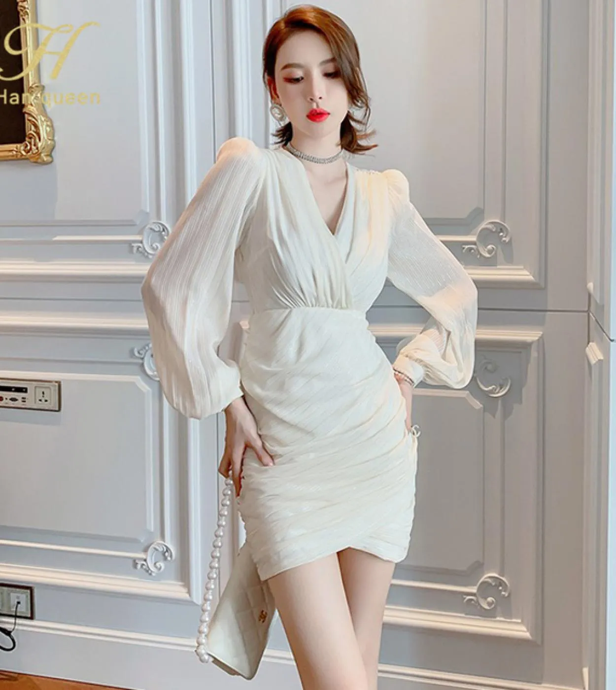 H Han Queen Nuovo elegante abito a matita Abiti aderenti aderenti a tubino sottile da donna Autunno con scollo a V Pieghe Uffici