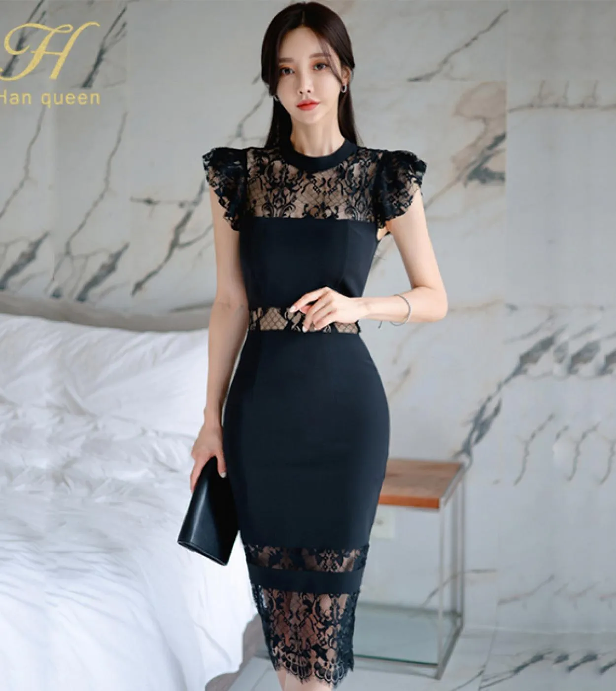 H Han Queen Nuovo O Collo Scava Fuori Abiti Vintage Semplice Chic Lavoro Abito Casual Donna Ufficio Aderente Guaina Matita Dre
