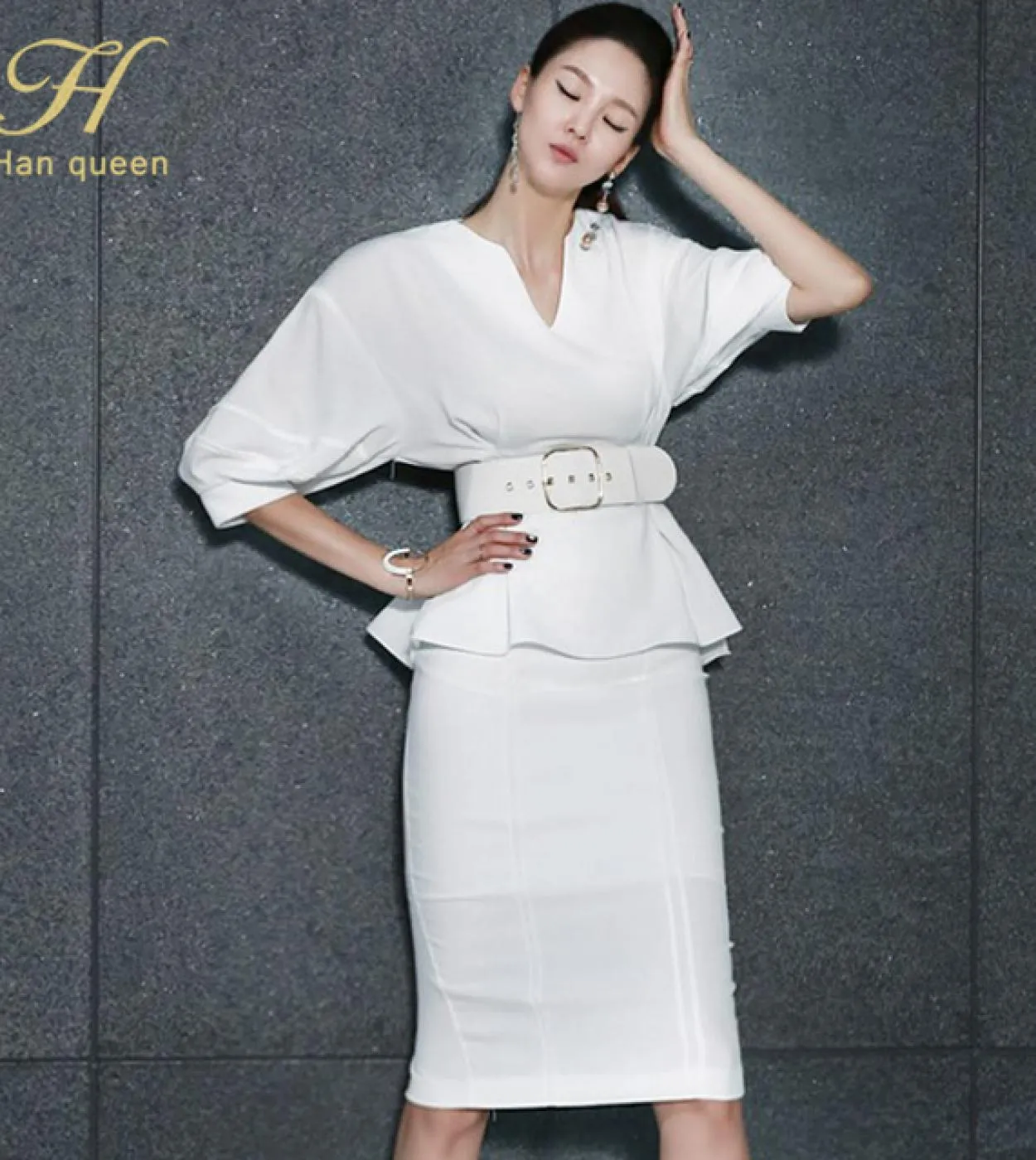 H Han Queen Set da 2 pezzi bianco elegante Top corto estivo da donna e gonne a tubino a vita alta Gonna da donna da ufficio