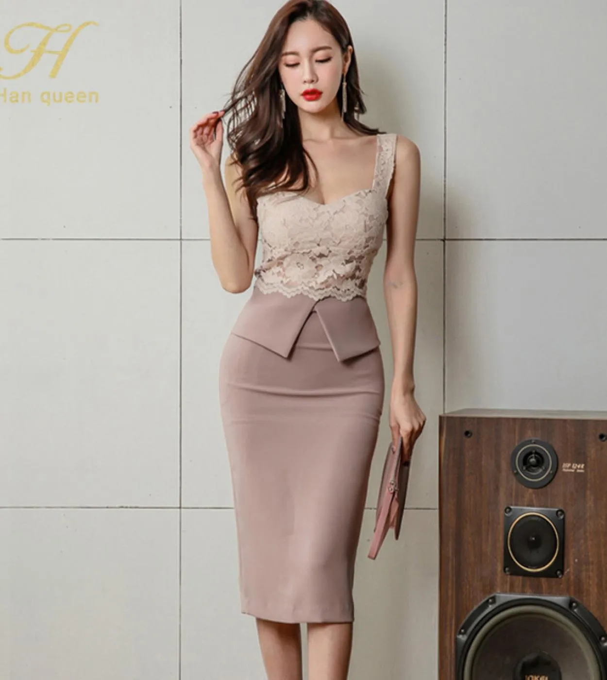 H Han Queen Vendita calda Estate Pizzo Cuciture Cinghie Slim Split Matita Abito tubino Office Lady Party Abiti semplicivestito