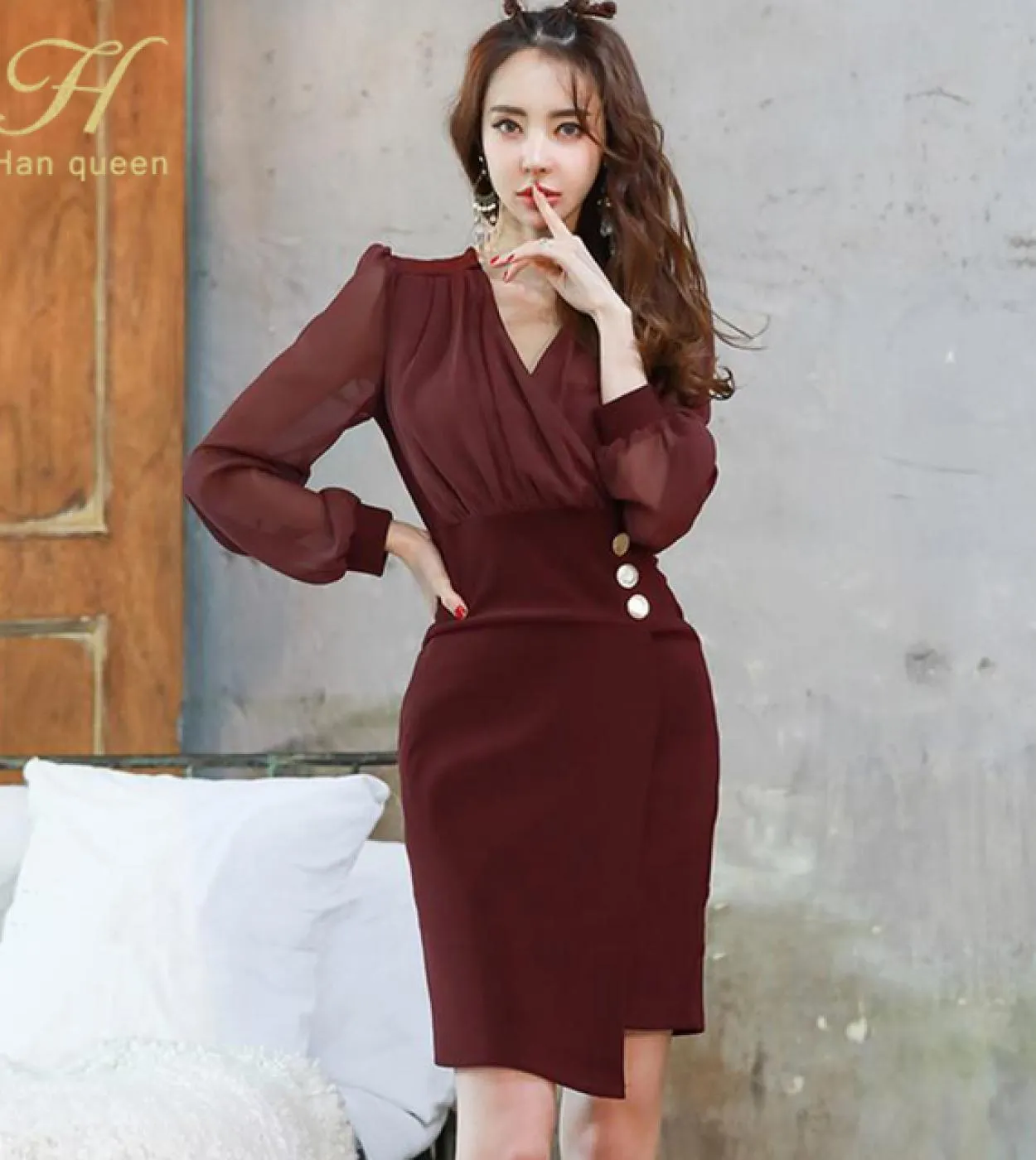 H Han Queen Vendite calde Autunno Vestito aderente Donna Manica a sbuffo Scollo a V Guaina Abiti a matita Elegante Chic Ol Casua