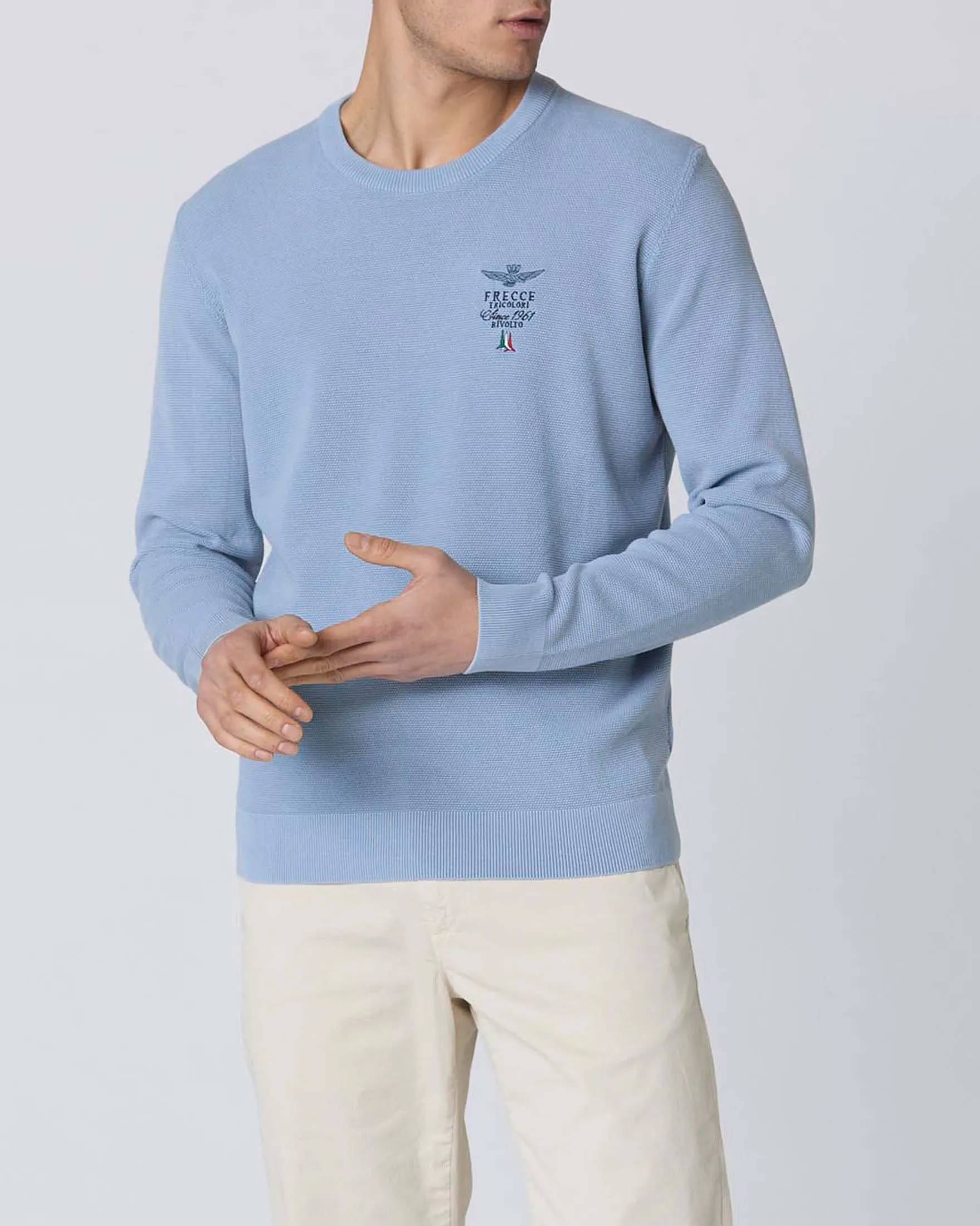 Maglia girocollo azzurra in cotone punto pepe