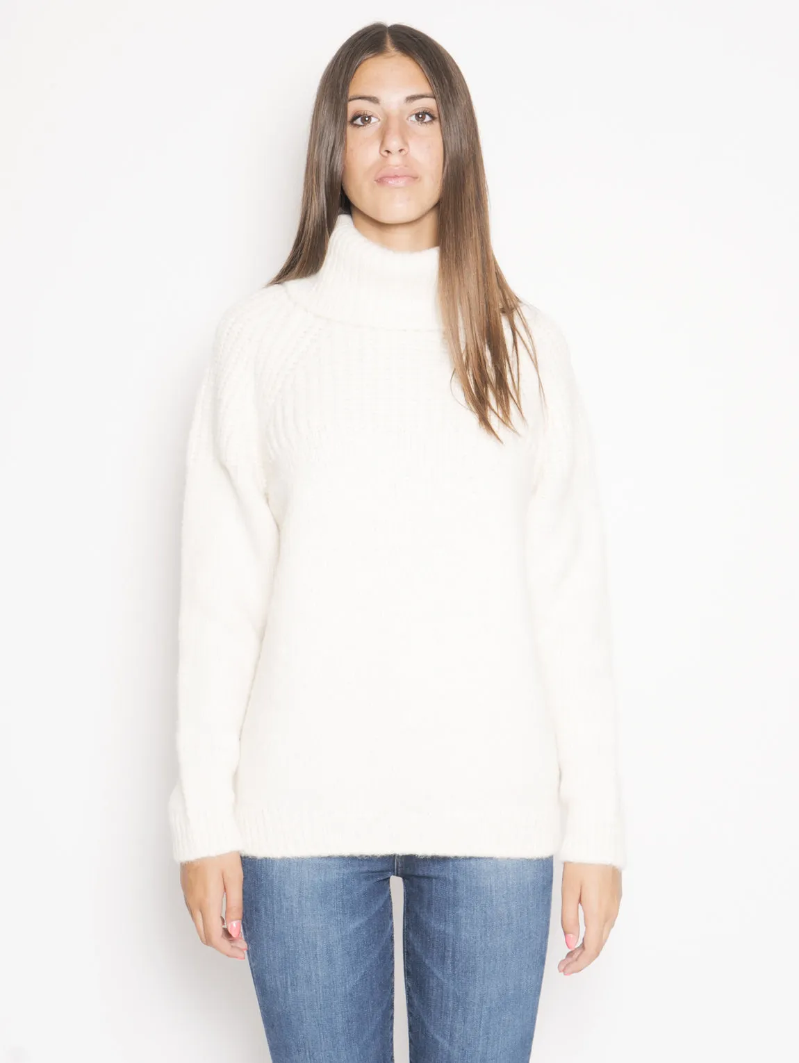 Maglione con Collo a Coste Larghe Bianco