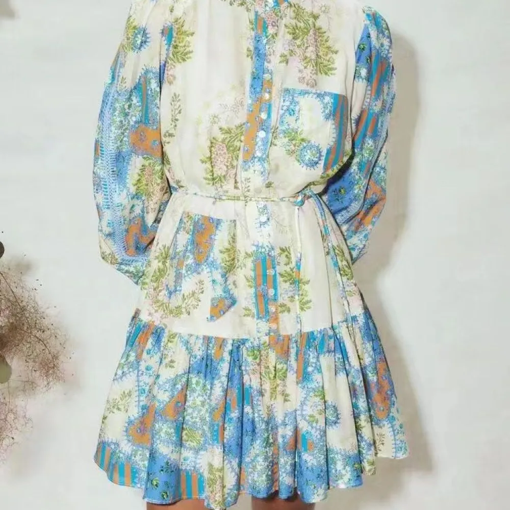 Moda francese stampa retrò 2023 nuovo stile autunnale colletto alla coreana maniche a sbuffo cravatta in vita abito e gonna dima