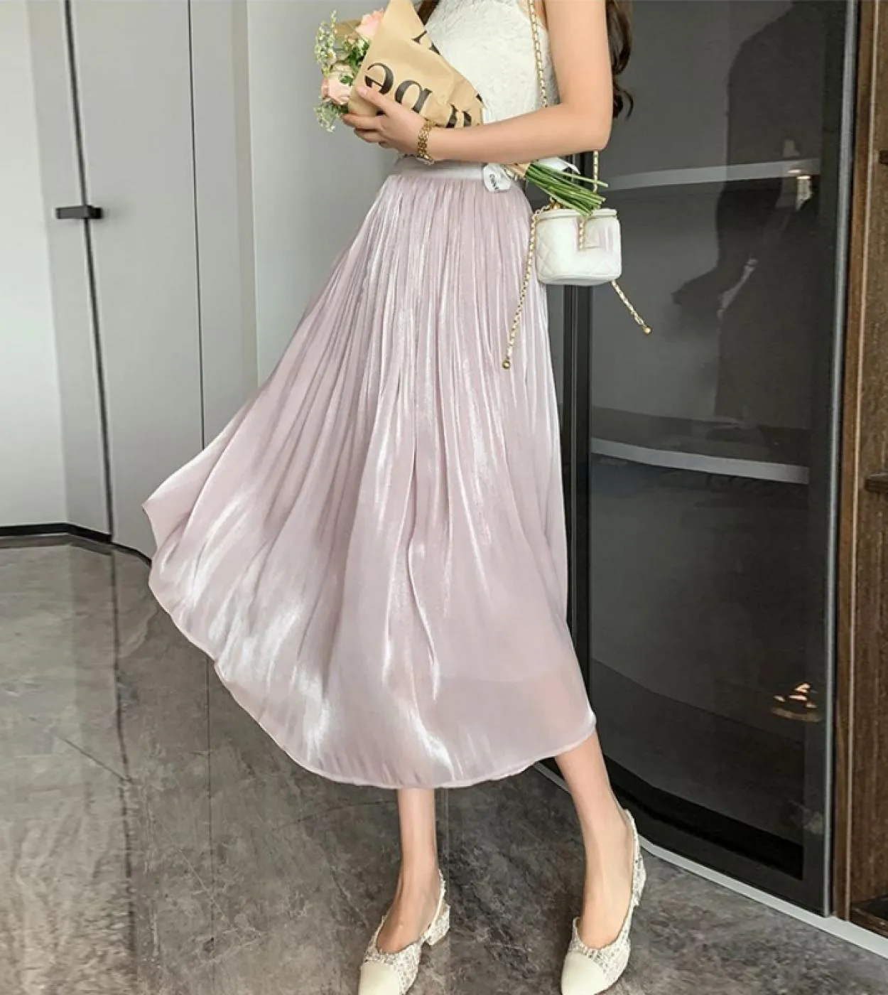Moukyun Tulle Streamer Gonna a rete Estate Moda donna Una linea Gonne lunghe rosa Donna Casual Elegante Pieghe Faldas Muj