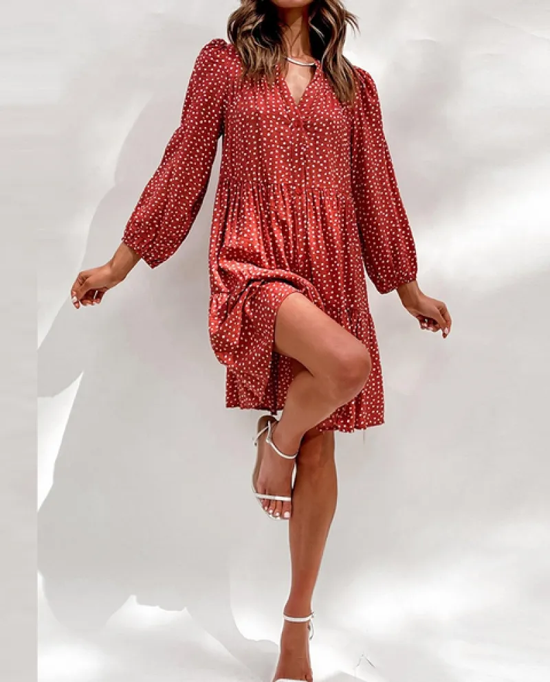New Fashion Vintage temperamento rosso scollo a V punto donda pendolari gonna allentata Office Lady A Line Abiti da donna Fo