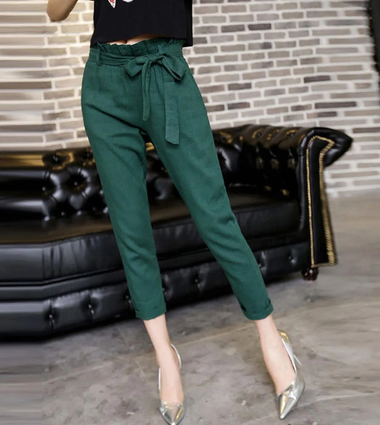 Pantaloni a matita Harem a vita alta da donna moda primavera estate Pantaloni casual in lino di cotone alla caviglia con elastic