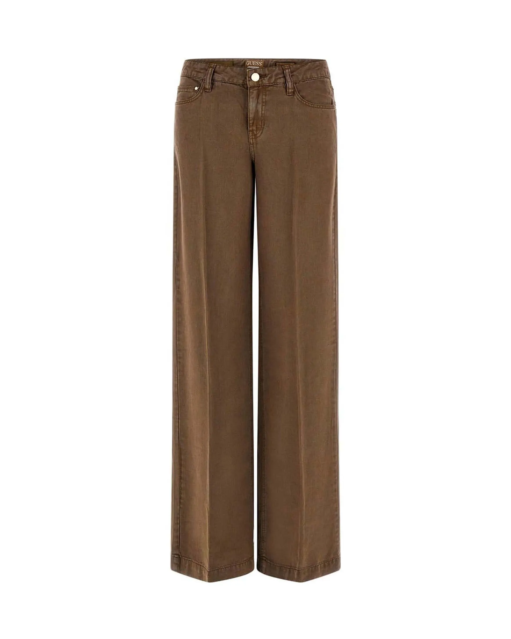 Pantaloni cinque tasche wide leg color fango a vita bassa in denim di Tencel