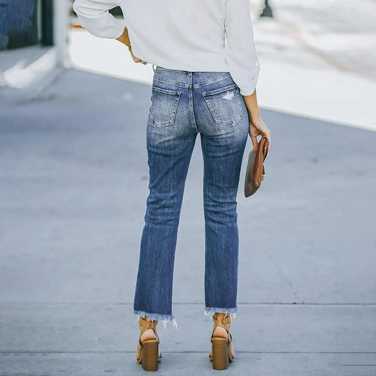 Pantaloni strappati Pantaloni a gamba dritta a vita alta blu retrò 2023 da donna con sbavature Pantaloni a matita blu lavaggio c