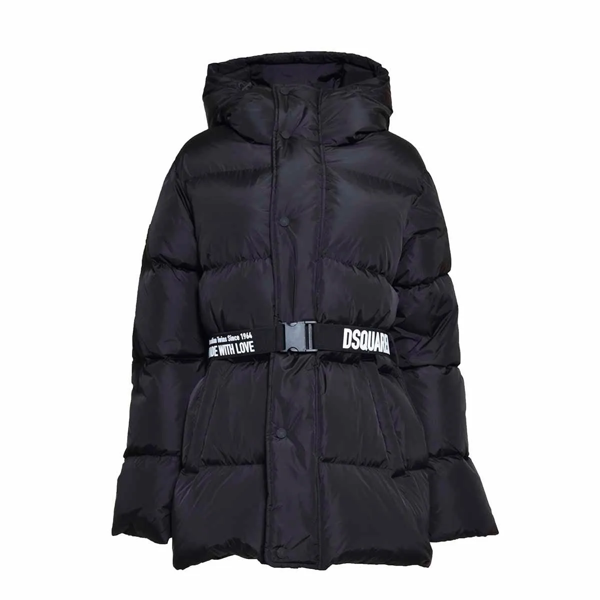 Piumino con cappuccio e cintura logo Dsquared2