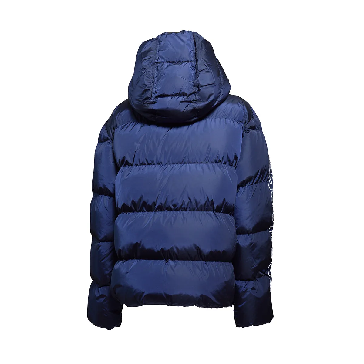 Piumino corto blu trapuntato con cappuccio e stampa logo Dsquared2