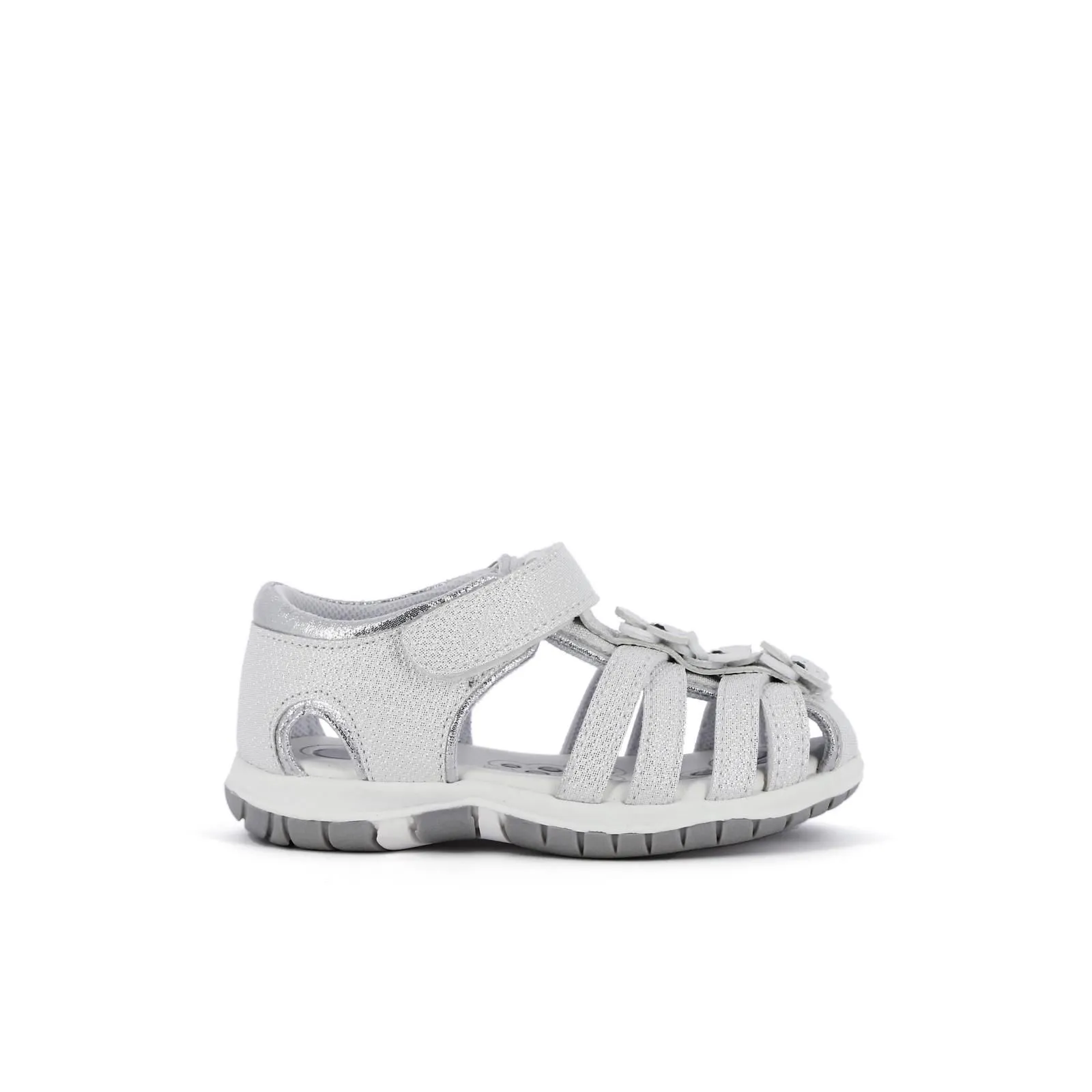Sandali da bimba argento a gabbia con velcro e fiori
