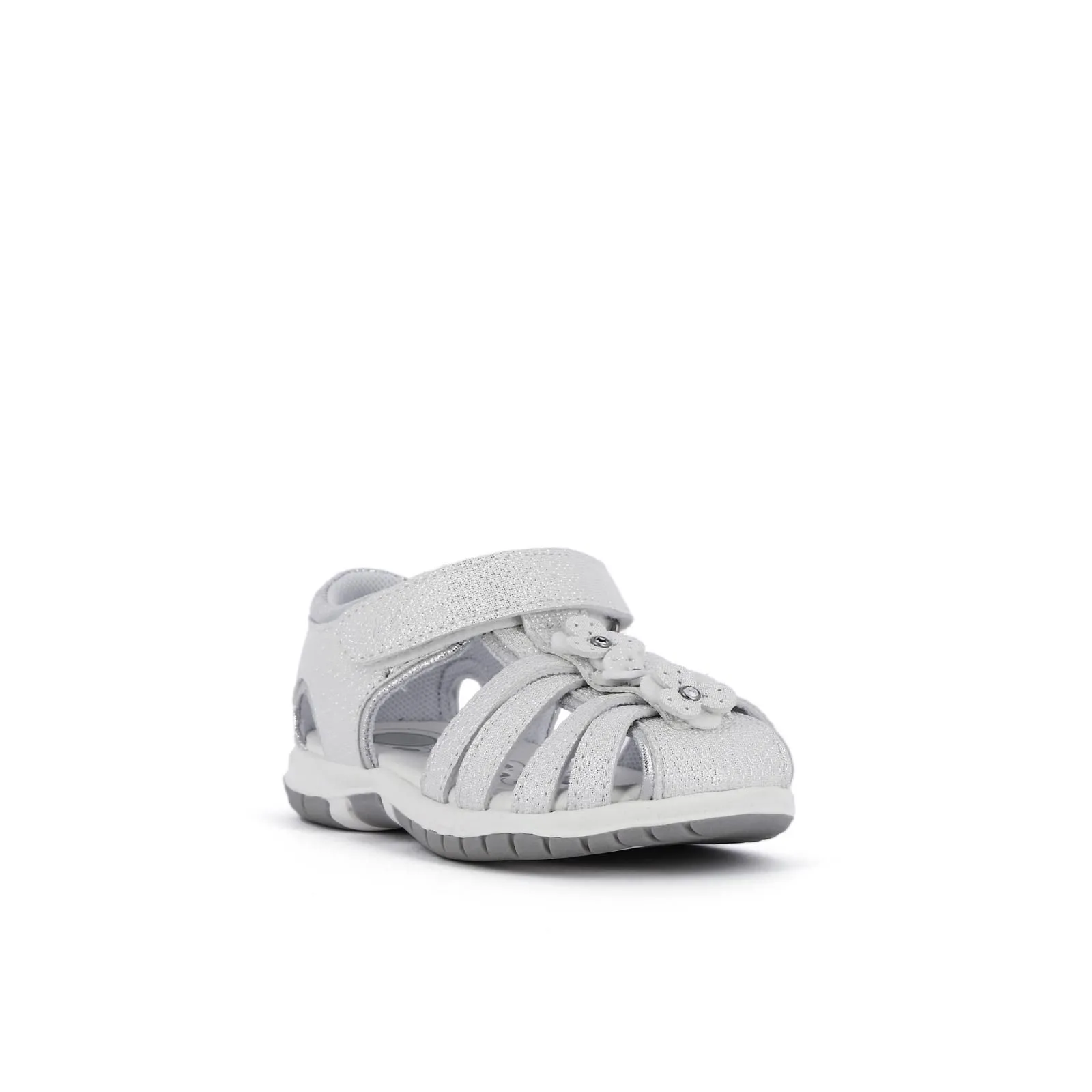 Sandali da bimba argento a gabbia con velcro e fiori