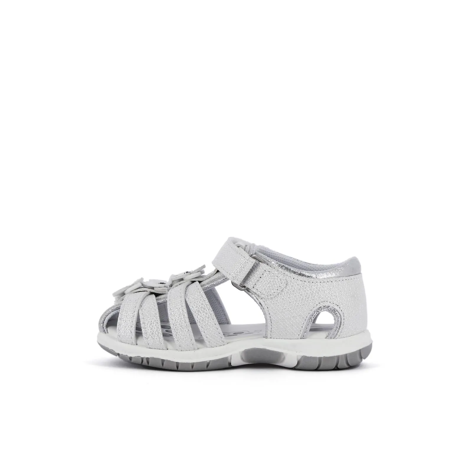 Sandali da bimba argento a gabbia con velcro e fiori