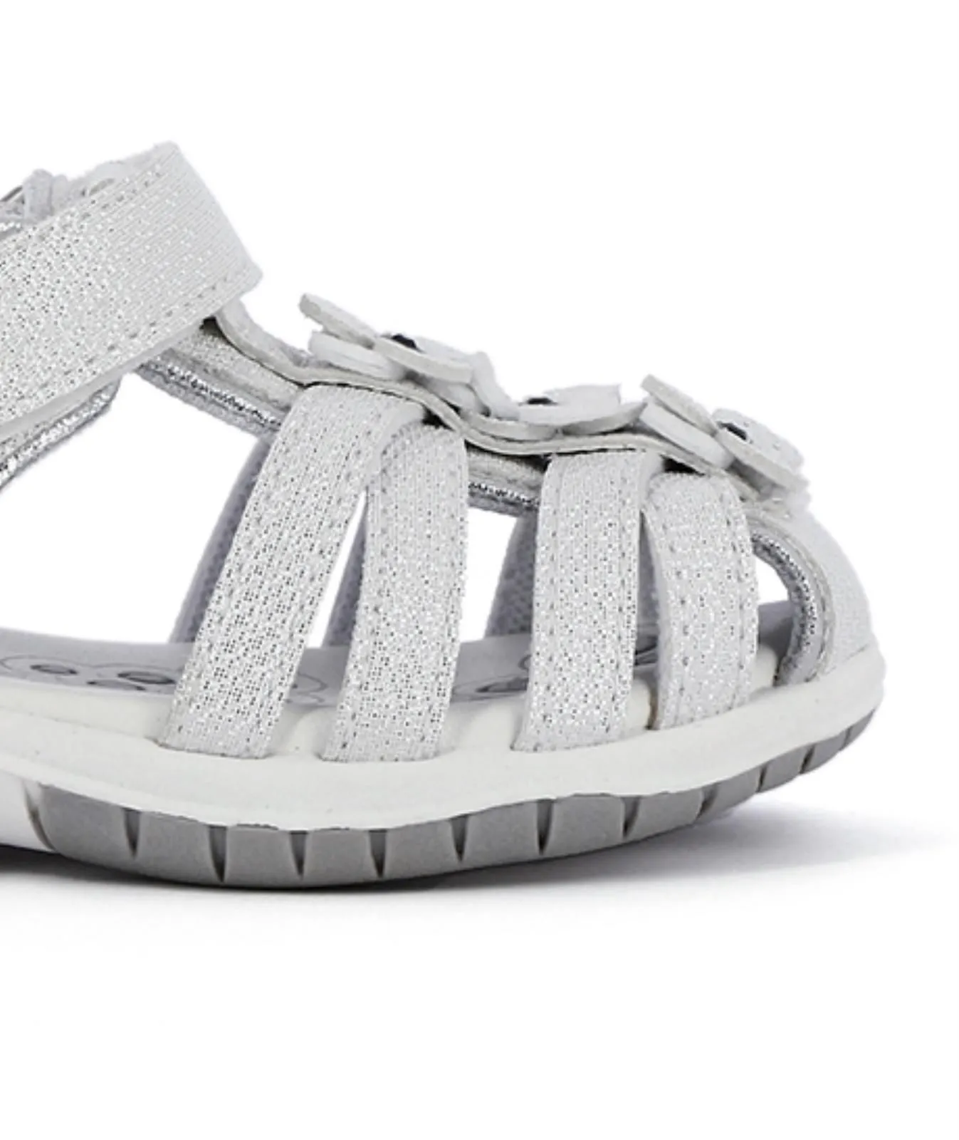 Sandali da bimba argento a gabbia con velcro e fiori