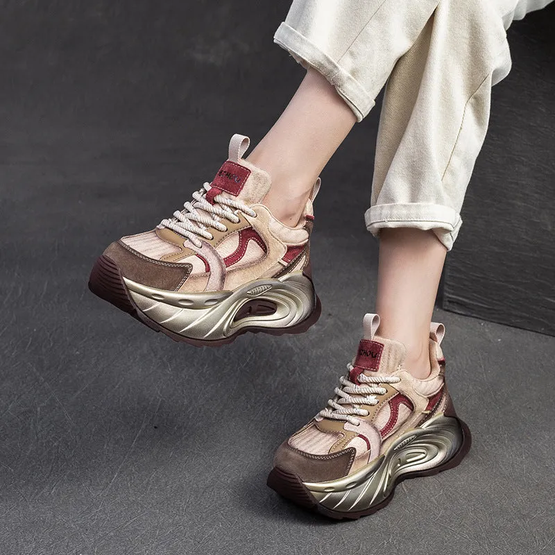 Scarpe da ginnastica con plateau grosso in pelle patchwork moda donna