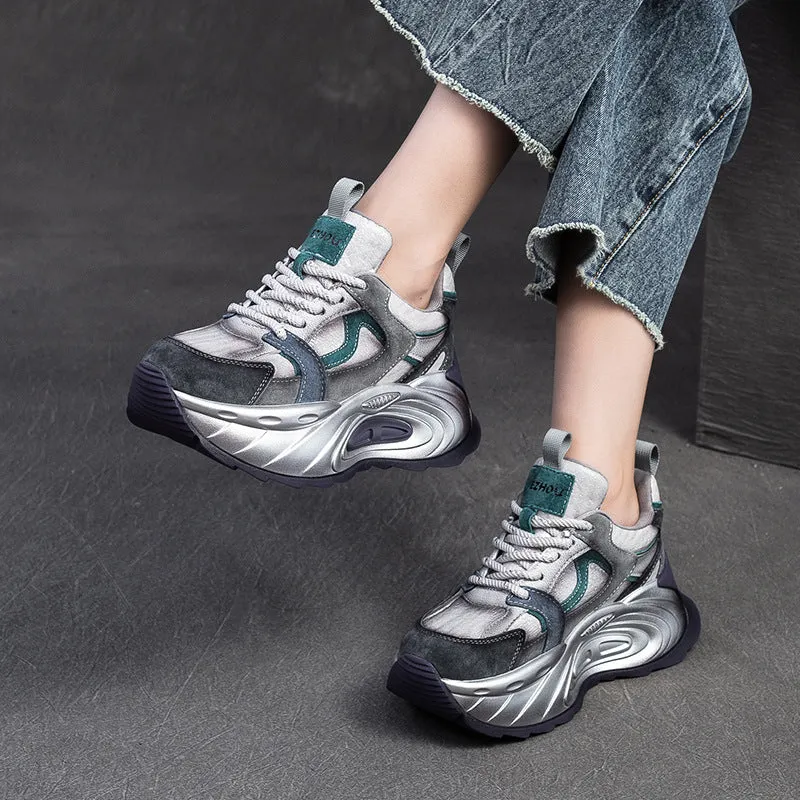 Scarpe da ginnastica con plateau grosso in pelle patchwork moda donna