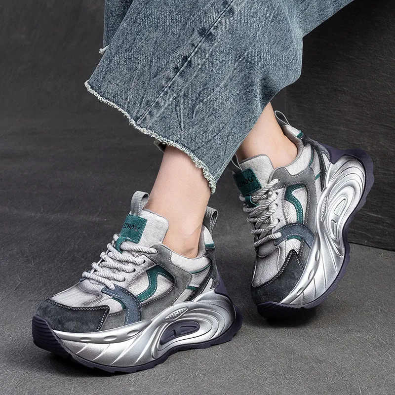 Scarpe da ginnastica con plateau grosso in pelle patchwork moda donna