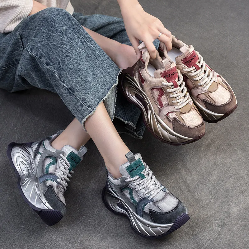 Scarpe da ginnastica con plateau grosso in pelle patchwork moda donna