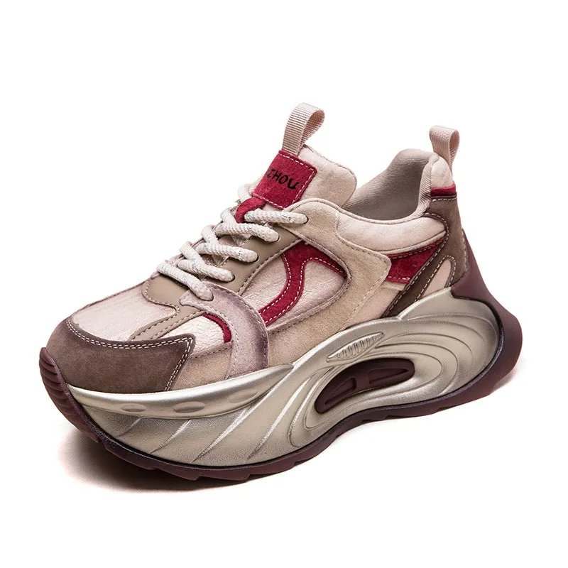 Scarpe da ginnastica con plateau grosso in pelle patchwork moda donna