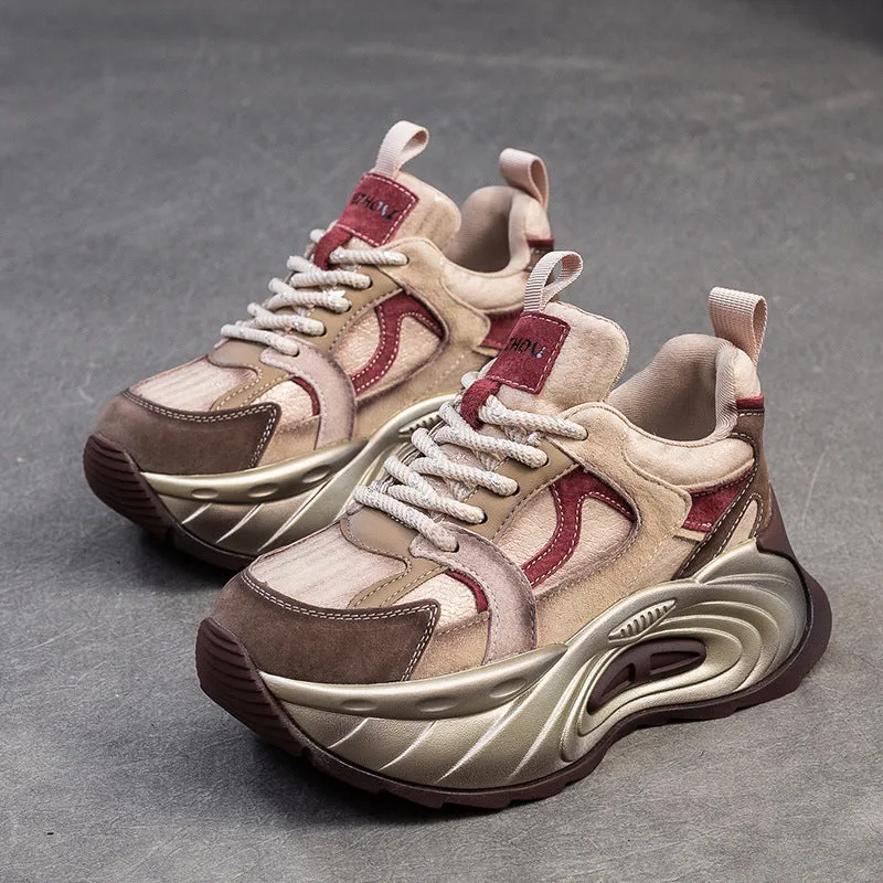 Scarpe da ginnastica con plateau grosso in pelle patchwork moda donna