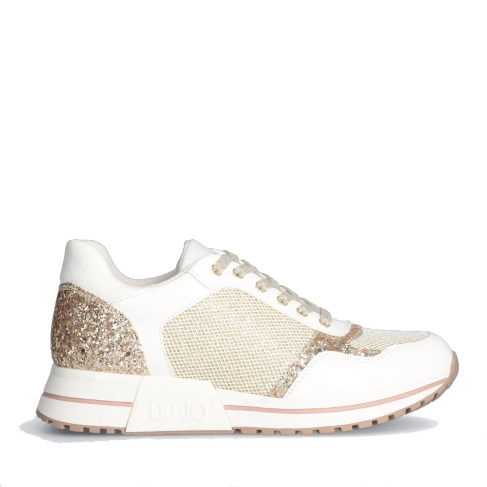 Scarpe LIU JO Kiss 636 Sneakers Platform in Mesh Bianco con Glitter Oro