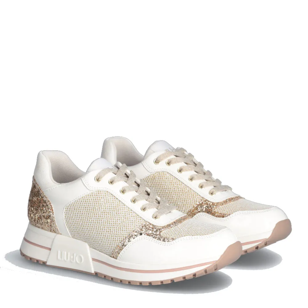 Scarpe LIU JO Kiss 636 Sneakers Platform in Mesh Bianco con Glitter Oro