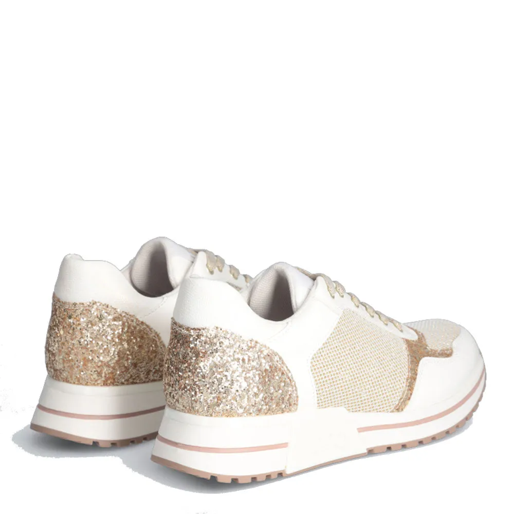 Scarpe LIU JO Kiss 636 Sneakers Platform in Mesh Bianco con Glitter Oro