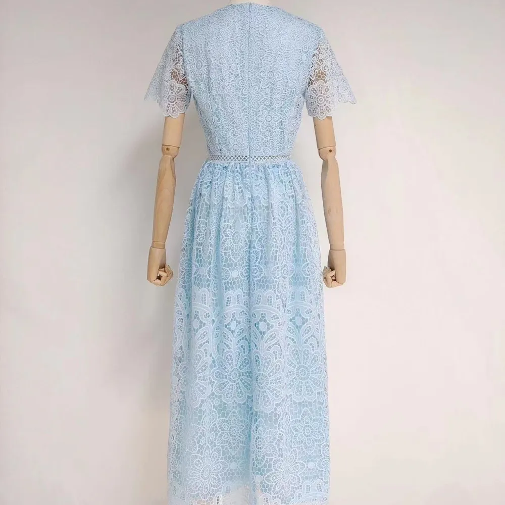 Scollo a V a maniche corte solubile in acqua Fiore Hollow Splicing Vita Grande altalena Gonna lunga moda Abito stile principessa