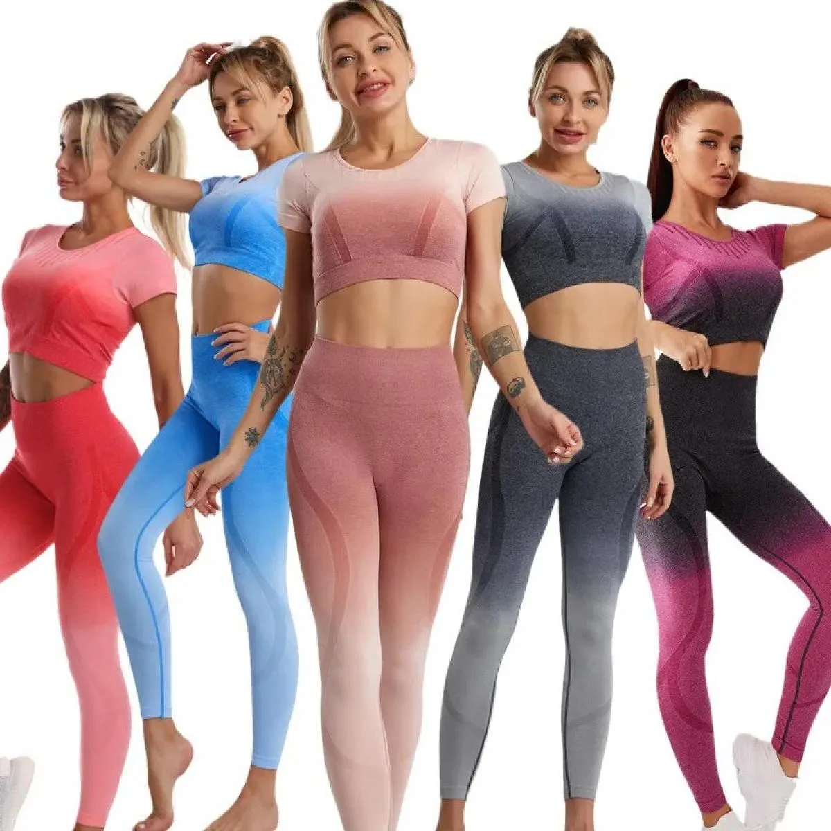 Set da yoga tinti in sfumatura senza cuciture Sport Fitness Pantaloni a vita alta per il sollevamento dell'anca Abiti da allenam