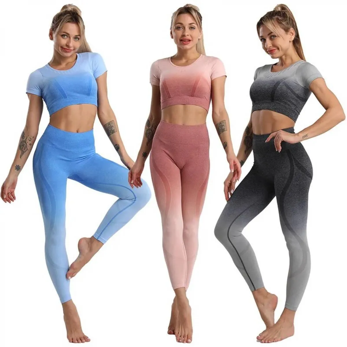 Set da yoga tinti in sfumatura senza cuciture Sport Fitness Pantaloni a vita alta per il sollevamento dell'anca Abiti da allenam