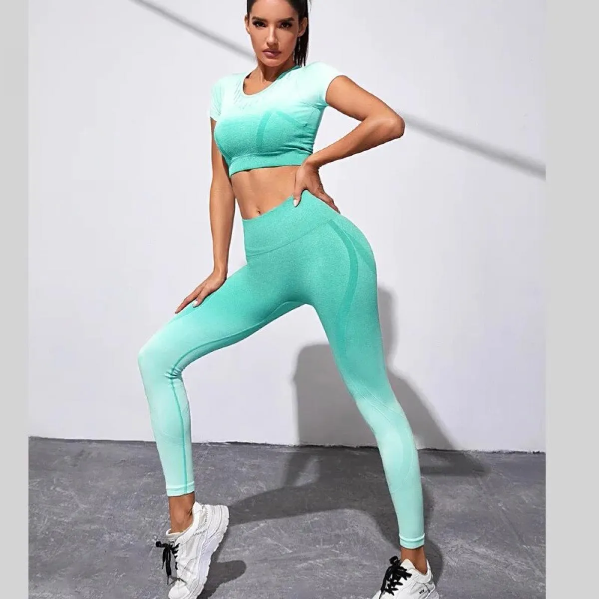 Set da yoga tinti in sfumatura senza cuciture Sport Fitness Pantaloni a vita alta per il sollevamento dell'anca Abiti da allenam