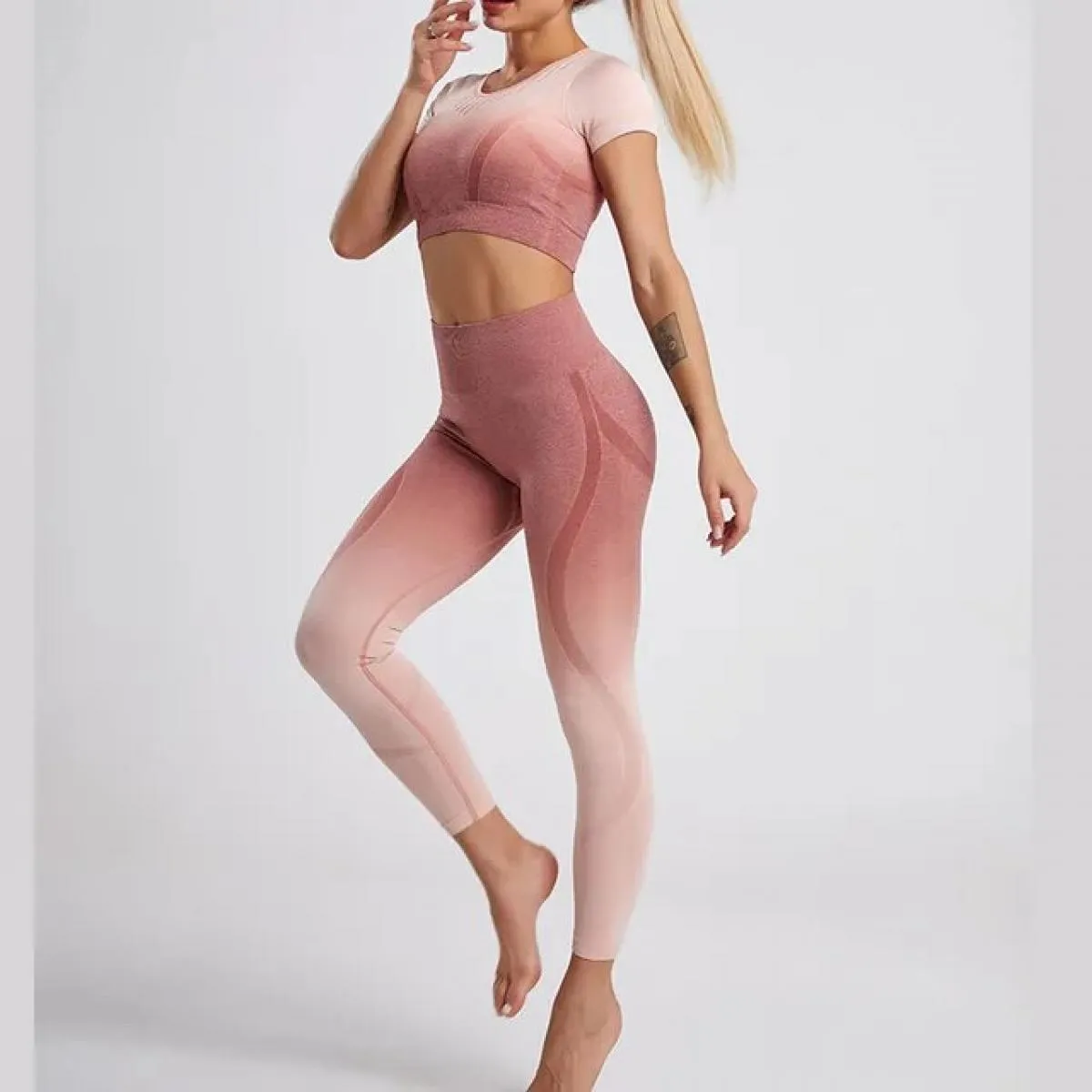 Set da yoga tinti in sfumatura senza cuciture Sport Fitness Pantaloni a vita alta per il sollevamento dell'anca Abiti da allenam