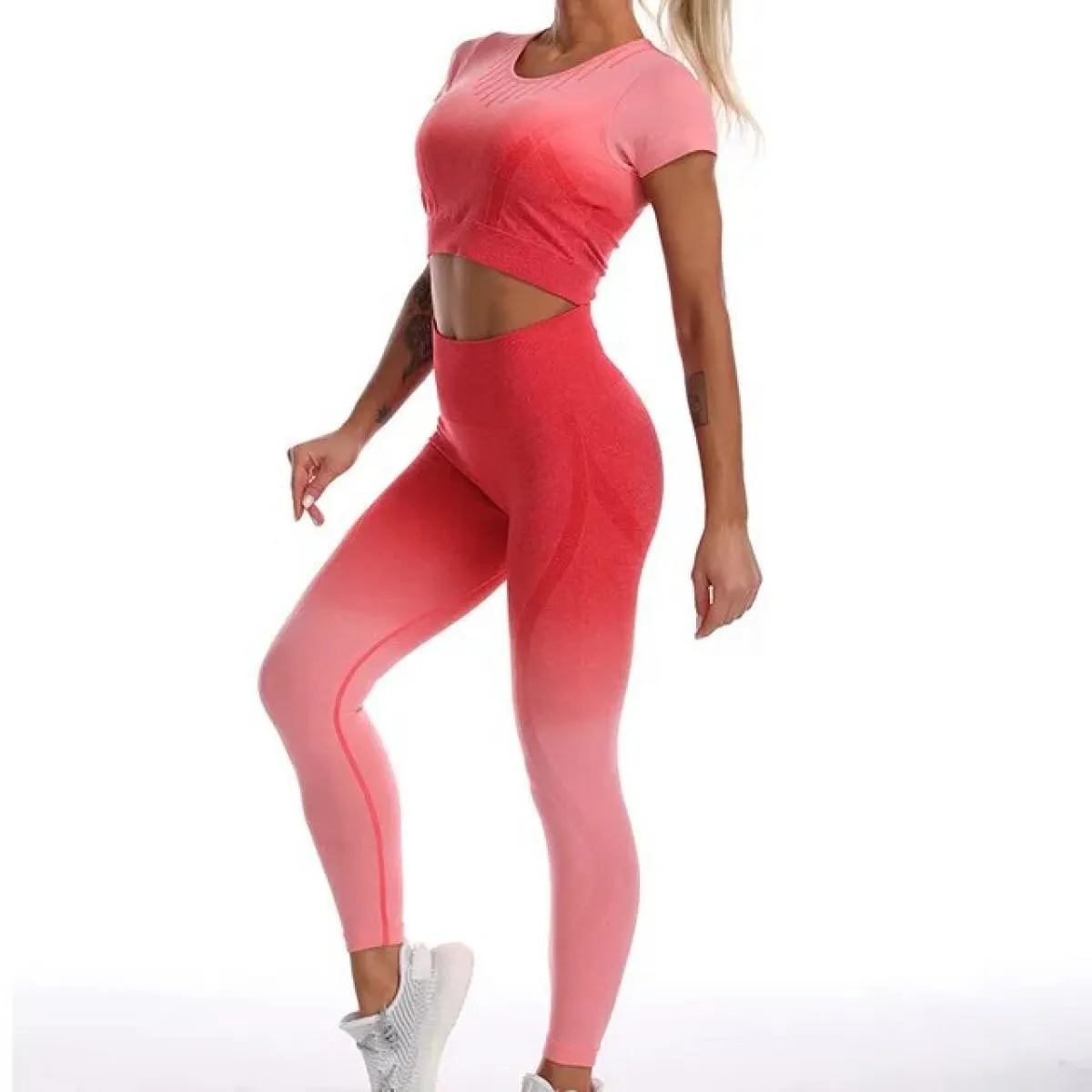 Set da yoga tinti in sfumatura senza cuciture Sport Fitness Pantaloni a vita alta per il sollevamento dell'anca Abiti da allenam