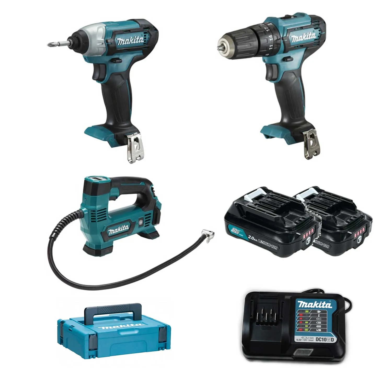 Set Makita Clx228aj+comp 3  macchine compressore + trapano avvitatore + avvitatore a impulsi 12 V + 2 batterie + caricabatteria 