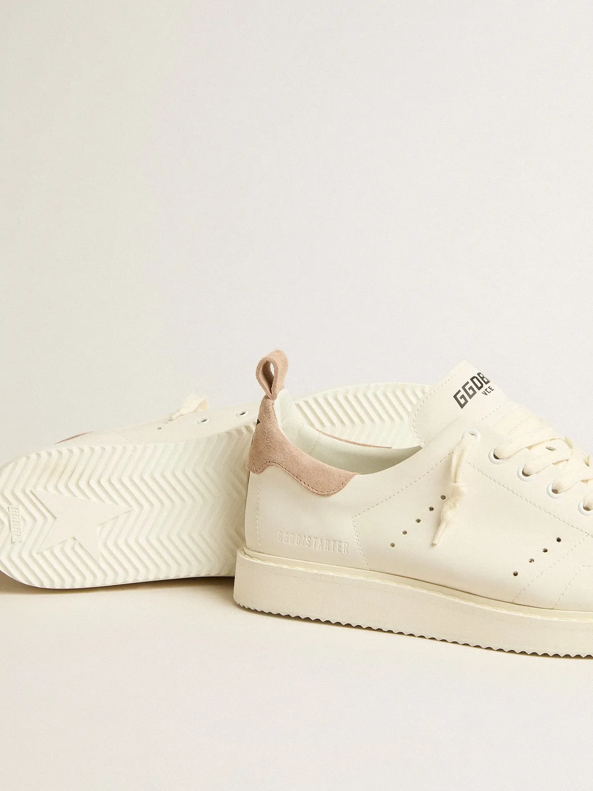 Starter Uomo in pelle bianca con talloncino in nabuk marrone chiaro