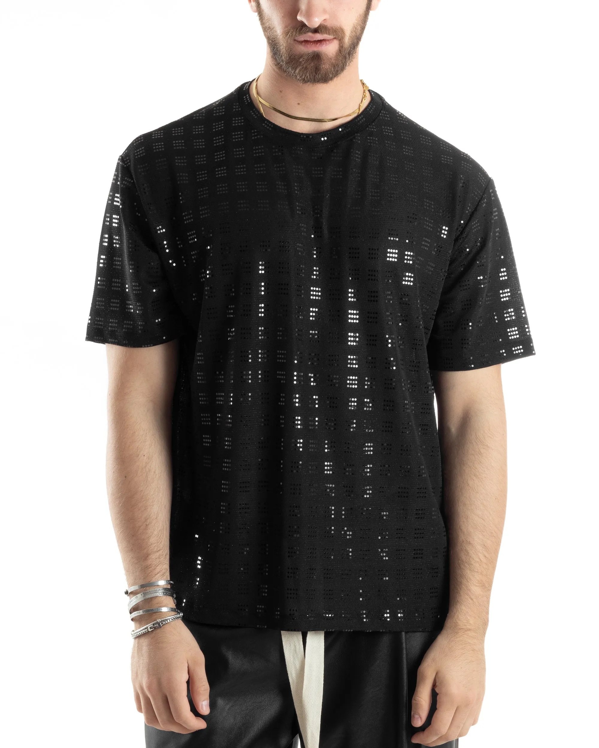 T-shirt Uomo Manica Corta Con Brillantini Strass Diamond Viscosa Cotone Nero Casual GIOSAL-TS3030A