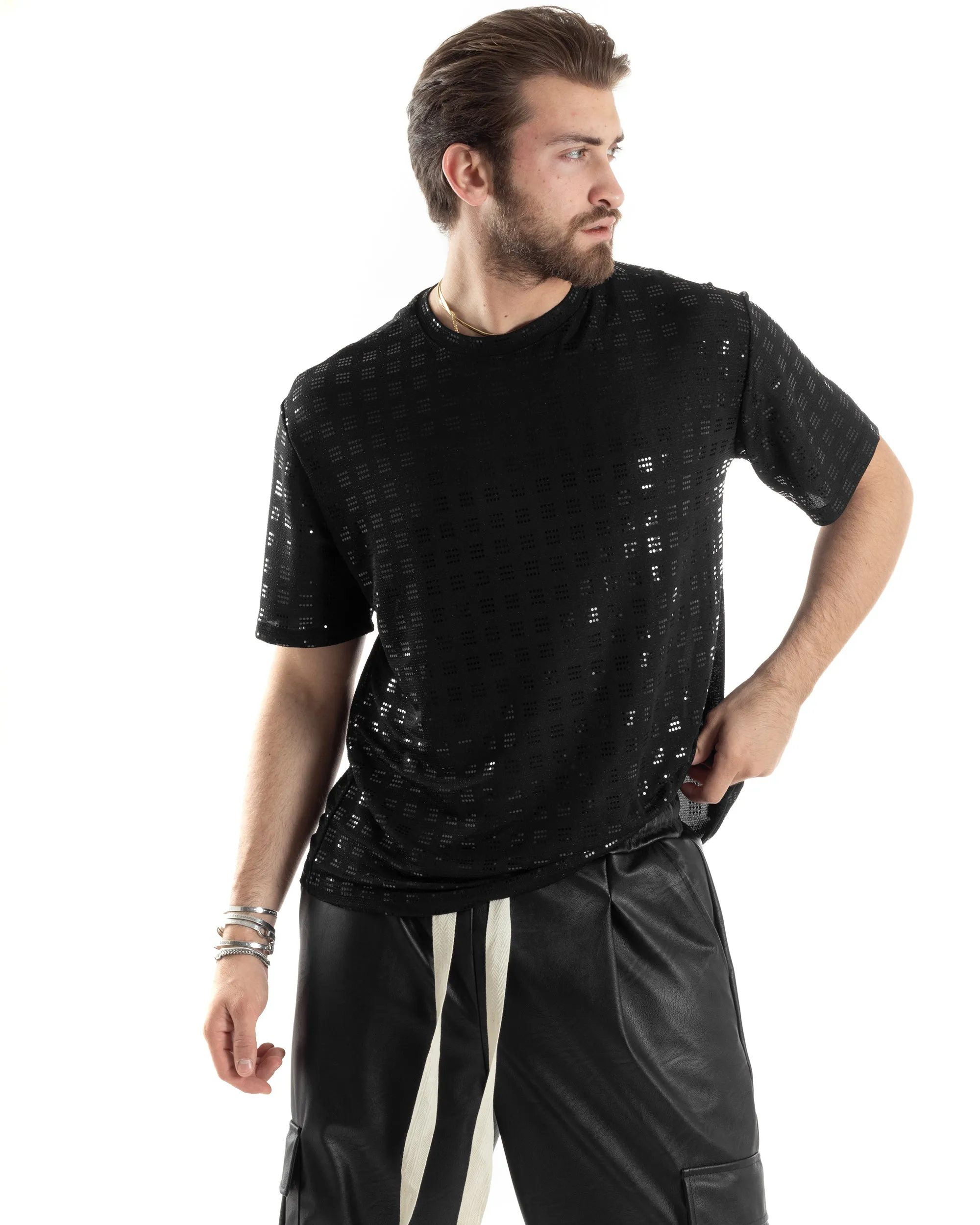 T-shirt Uomo Manica Corta Con Brillantini Strass Diamond Viscosa Cotone Nero Casual GIOSAL-TS3030A