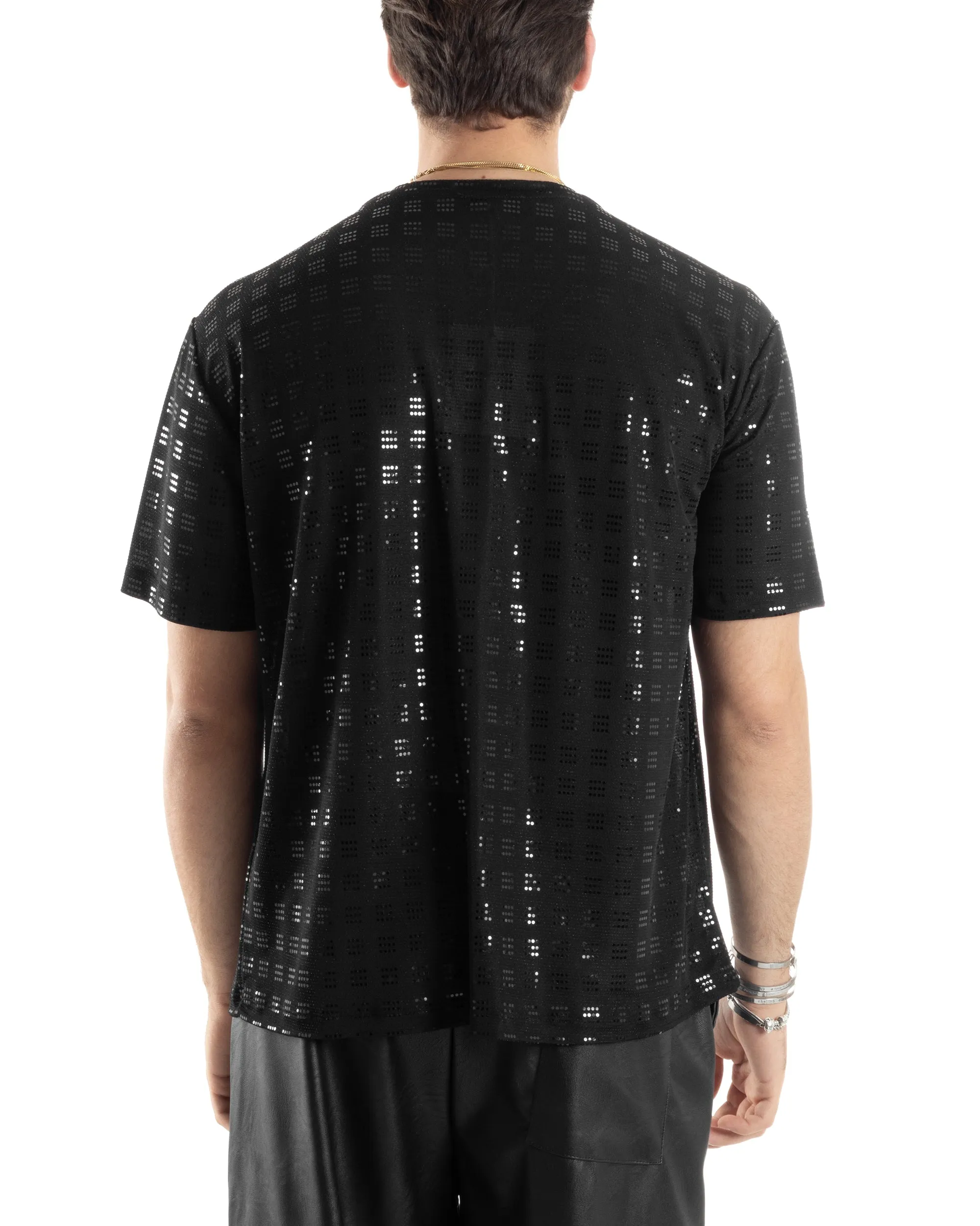 T-shirt Uomo Manica Corta Con Brillantini Strass Diamond Viscosa Cotone Nero Casual GIOSAL-TS3030A
