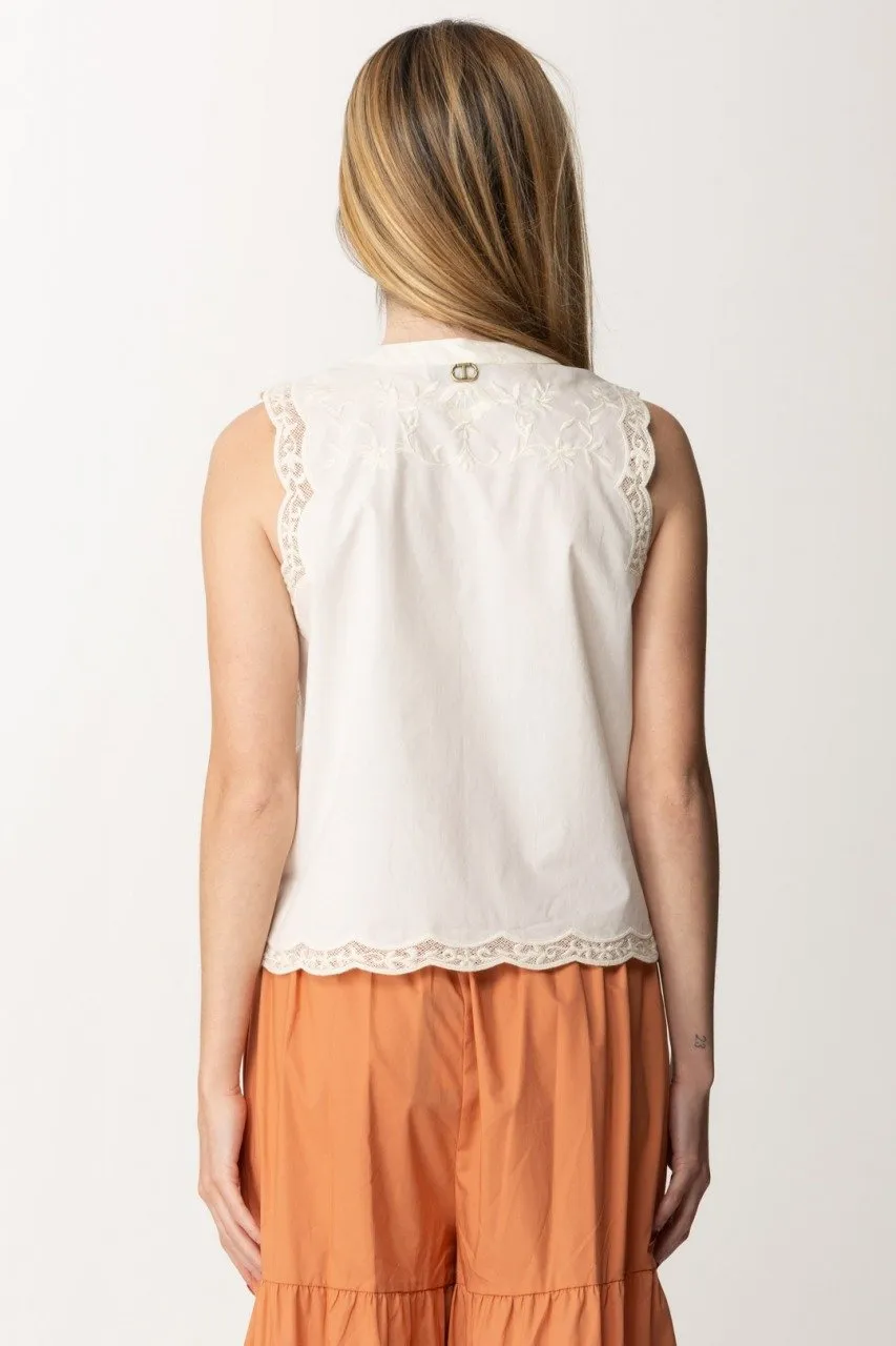 Top con ricami a fiori BIANCO OTTICO