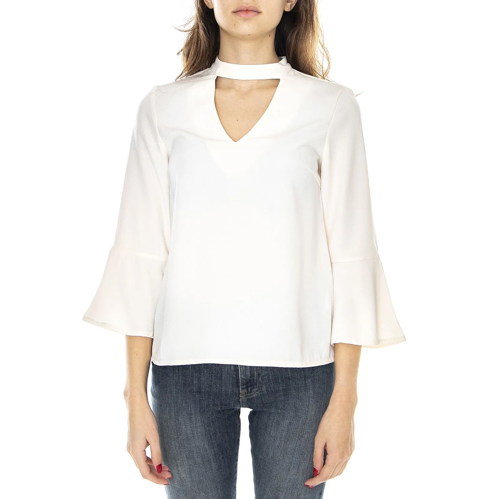 VERO MODA Chiara 3/4 Choker T-Shirt - Pristine White - Maglietta Girocollo Donna Bianca    