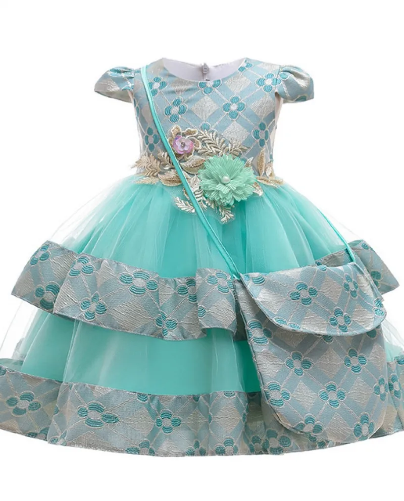 Vestito da ragazza Vestito da principessa ricamato con applique a maniche corte da ragazza nuova W