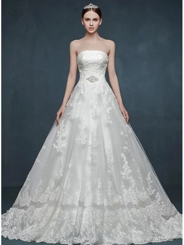 Vestito da Sposa A-line economico con gonna di tulle e pizzo e scollo dritto