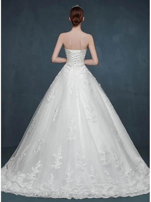 Vestito da Sposa A-line economico con gonna di tulle e pizzo e scollo dritto