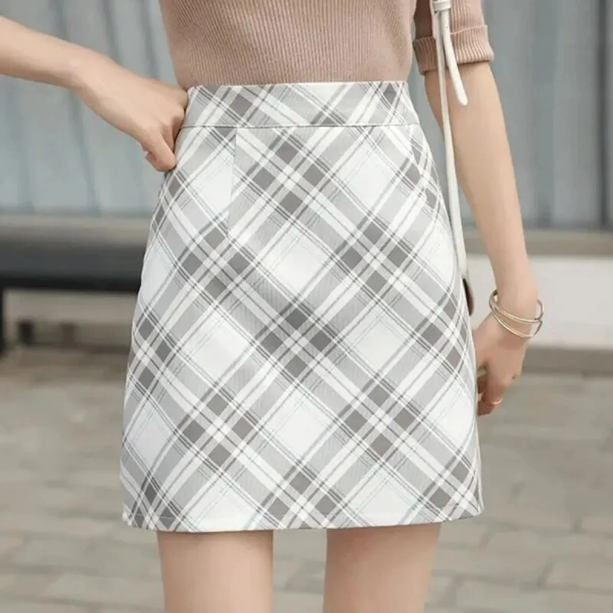 Xpqbb Gonne scozzesi a vita alta Donna Primavera Estate Slim Fit Gonne a linea Donna Gonna antiriflesso One Step Wom